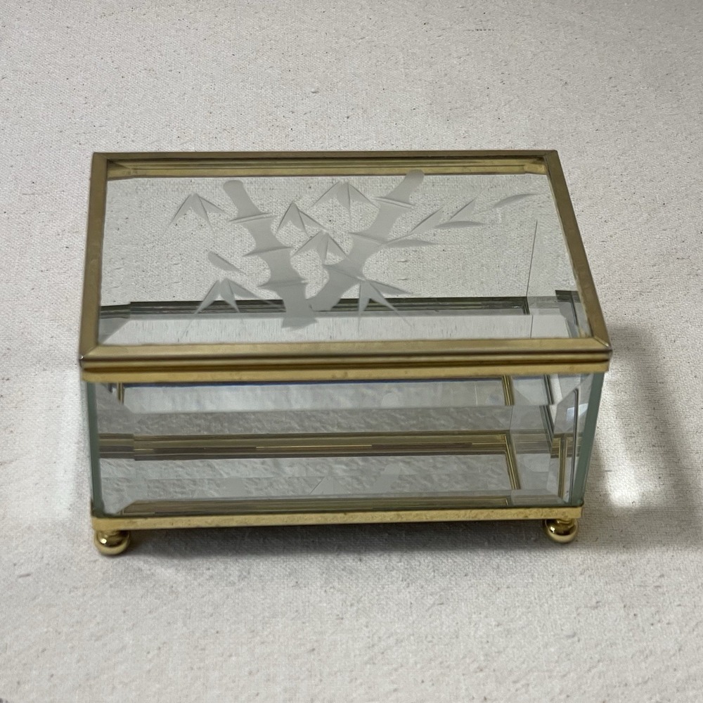 Vintage Glass Brass Mirrored Jewelry Trinket Vanity Display Box Etched‎ Bamboo